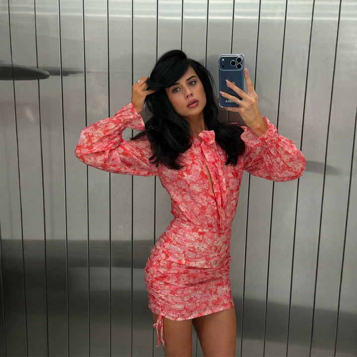 Women Floral Chiffon Mini Dress with Bow Collar, Transparent Volume Sleeves and Side Gathering Amarae