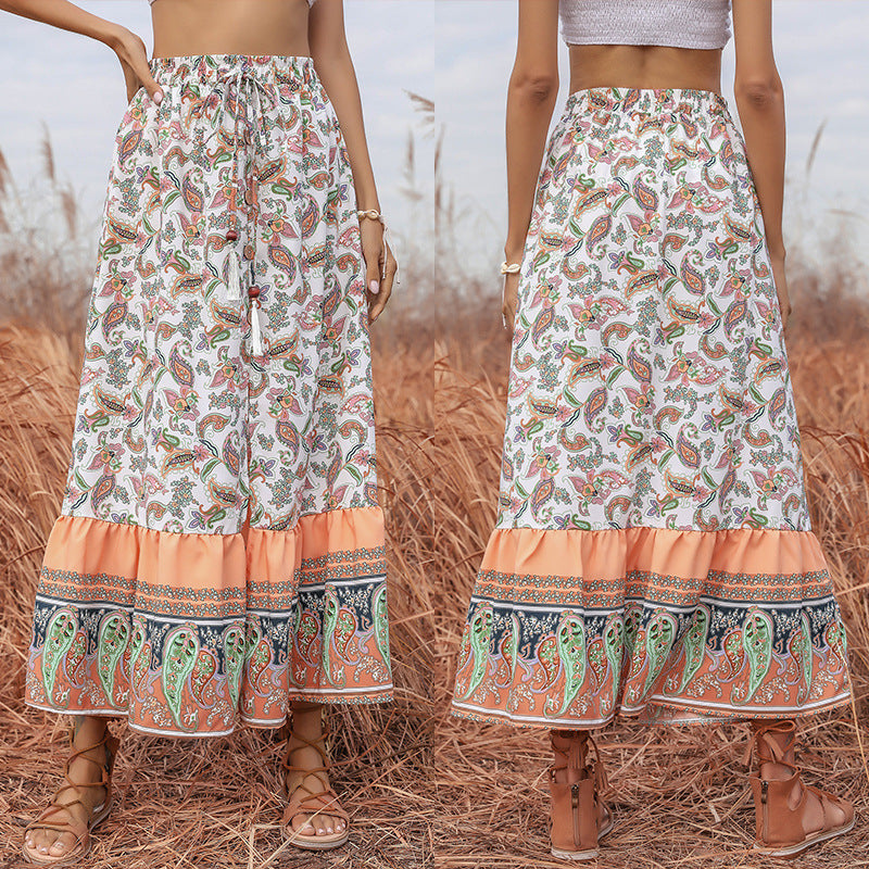 Fluid maxi skirt for women with paisley print and ruffled hem Lune London
