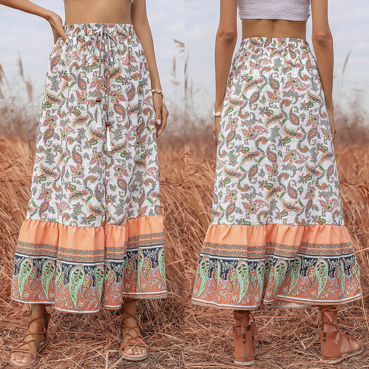 Fluid maxi skirt for women with paisley print and ruffled hem Lune London