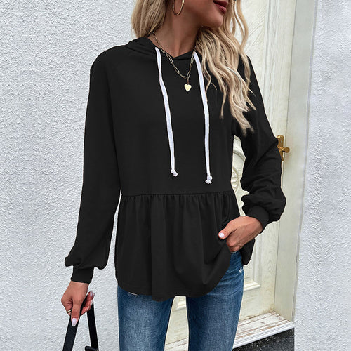 Casual hooded blouse for women with asymmetric cut and ruffle details Amarae