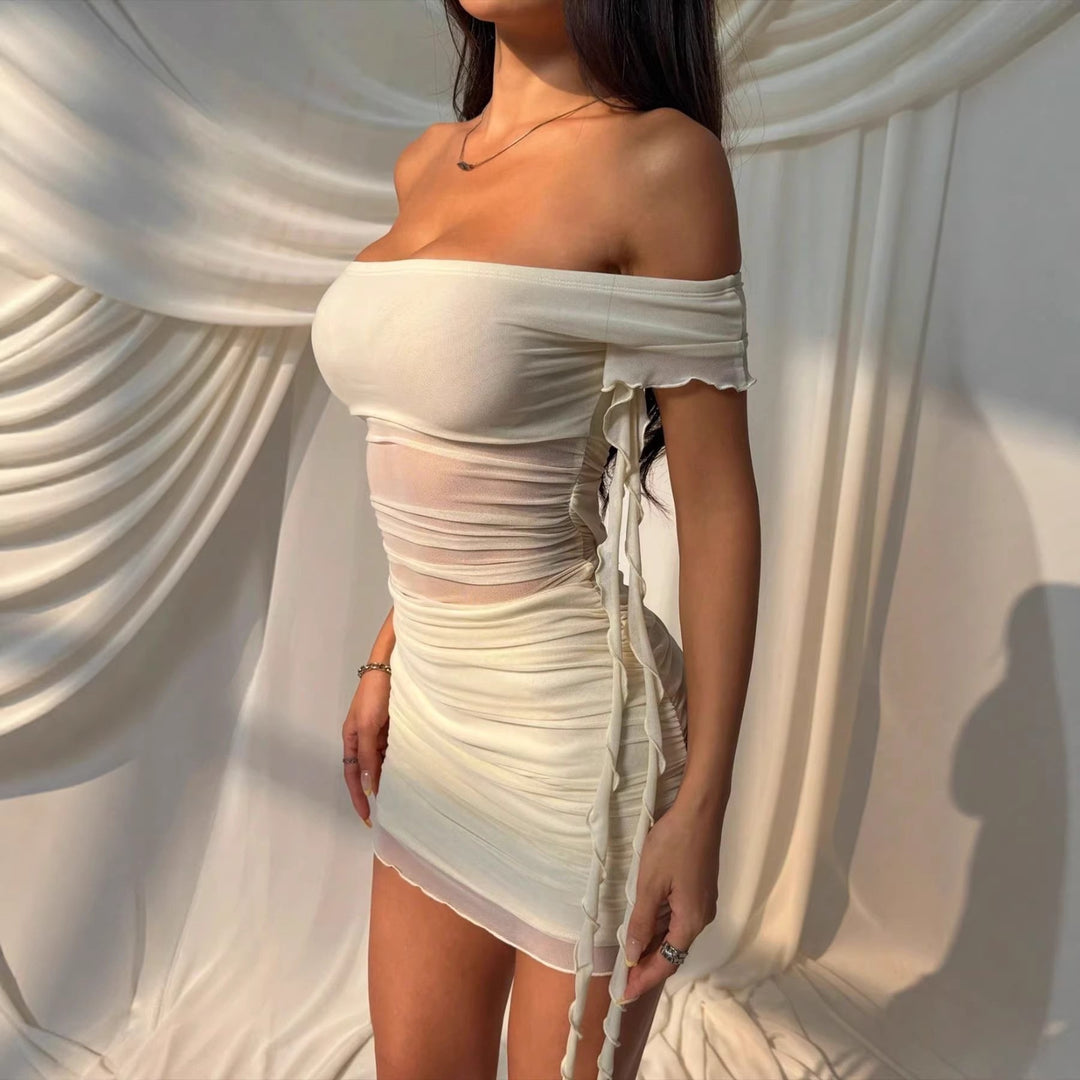 Women Off-Shoulder Mini Dress with sophisticated draping details and playful lacing Lune London