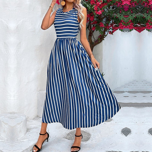 A-line striped maxi dress for women with ample elegance Amarae