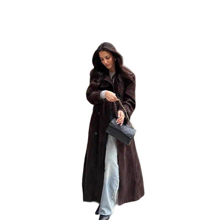 Women's Long Velvet Trench Coat with Tie Belt and Lapel Collar Amarae