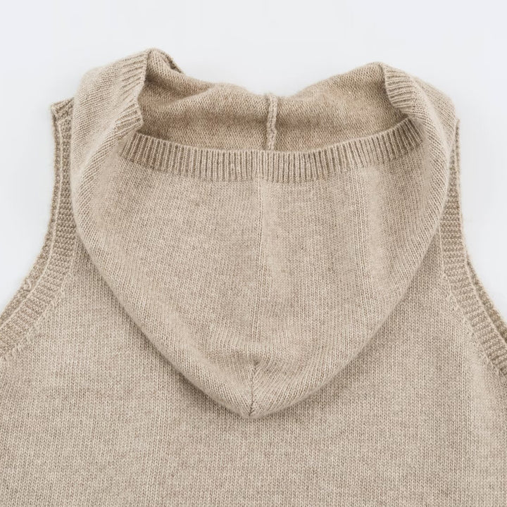 Women's fine knit vest with hood, button placket, and ribbed waistband Amarae
