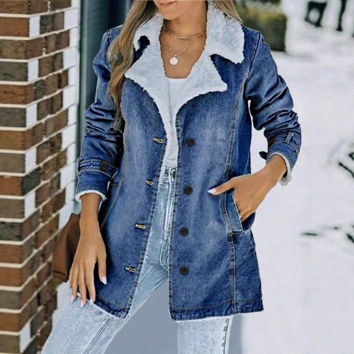 Women's Oversized Denim Jacket with Teddy Lining, Button Placket and Patch Pockets Amarae