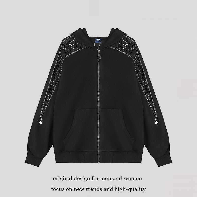Women's hooded sweat jacket with decorative stone shoulder panel, star zipper, and oversized silhouette Amarae