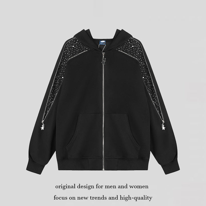 Women's hooded sweat jacket with decorative stone shoulder panel, star zipper, and oversized silhouette Amarae
