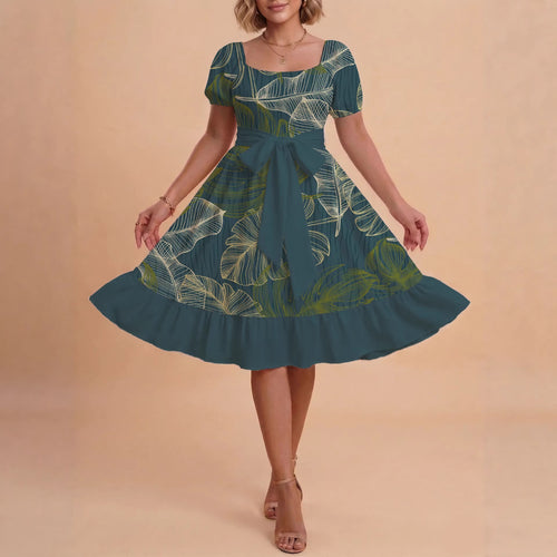 Women A-line dress with floral motifs and adjustable belt Amarae
