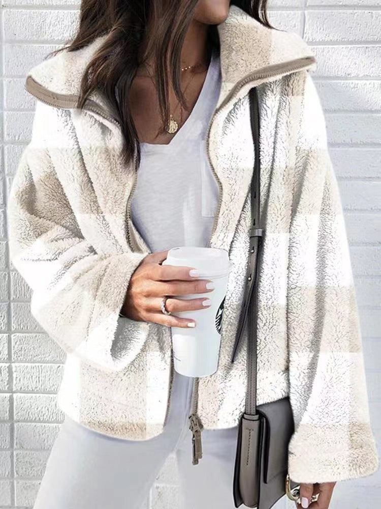 Ladies sweatshirt jacket with checkered pattern and high collar Lune London