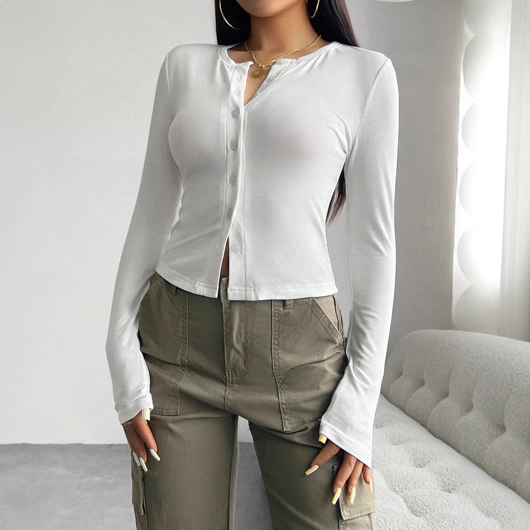 Women's long sleeve t-shirt with trendy button placket and flattering fit Lune London
