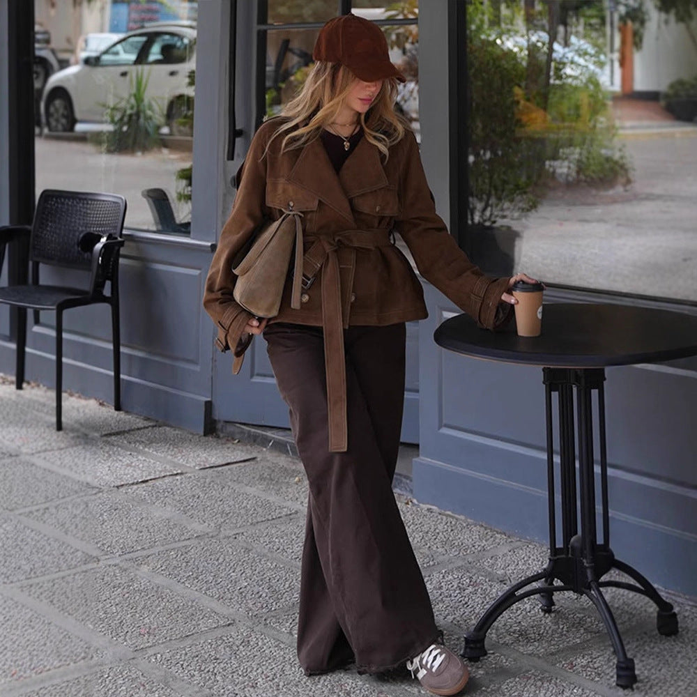 Women's Short Cut Suede Trench Coat with Waist Belt and Adjustable Cuffs Amarae