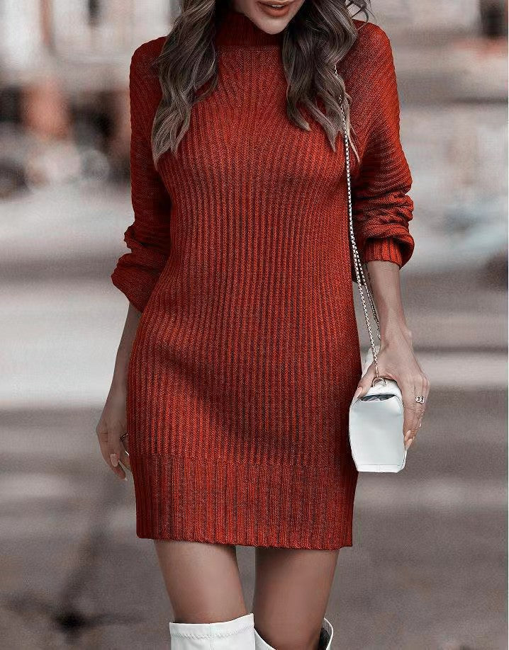 Chunky knit dress for women with wide turtleneck and puff sleeve details Lune London