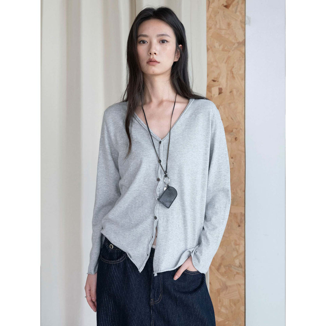 Ladies Fine Button Cardigan with Raw V-Neck Dress