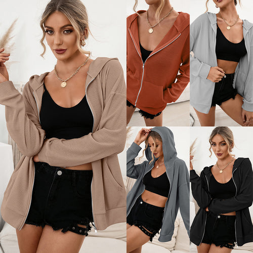 Ladies Casual Waffle Hoodie Jacket with Zipper Amarae