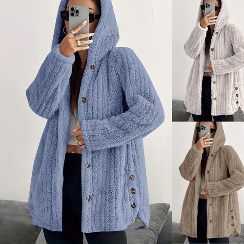 Lady long cozy jacket with long sleeves, hood, and button trim Amarae