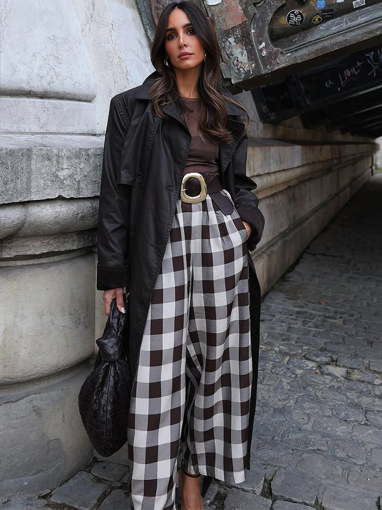 Women's Checked High-Waisted Palazzo Pants with Wide Leg & Pleats Amarae