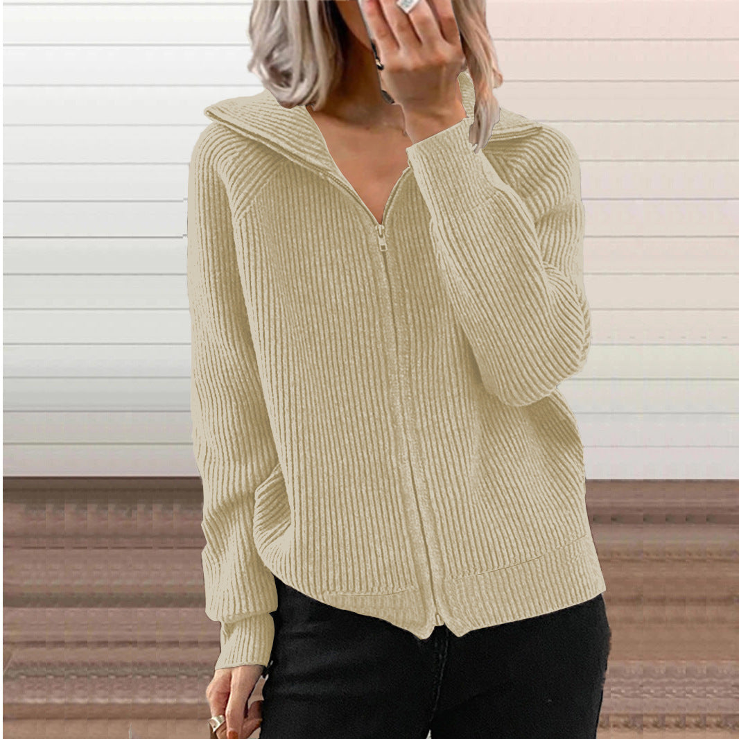 Knitted women’s jacket with high collar and full-length zipper Lune London