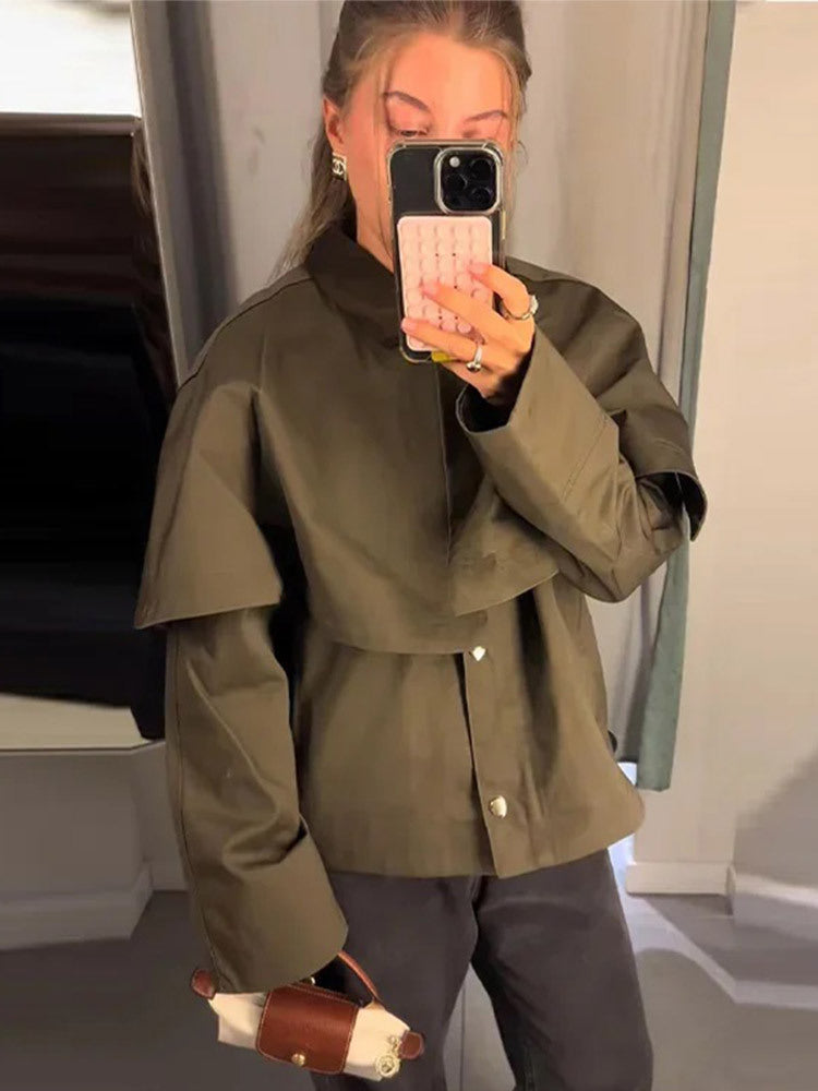 Women's Short Trench Coat with Cape Overlay and Oversized Sleeves Amarae
