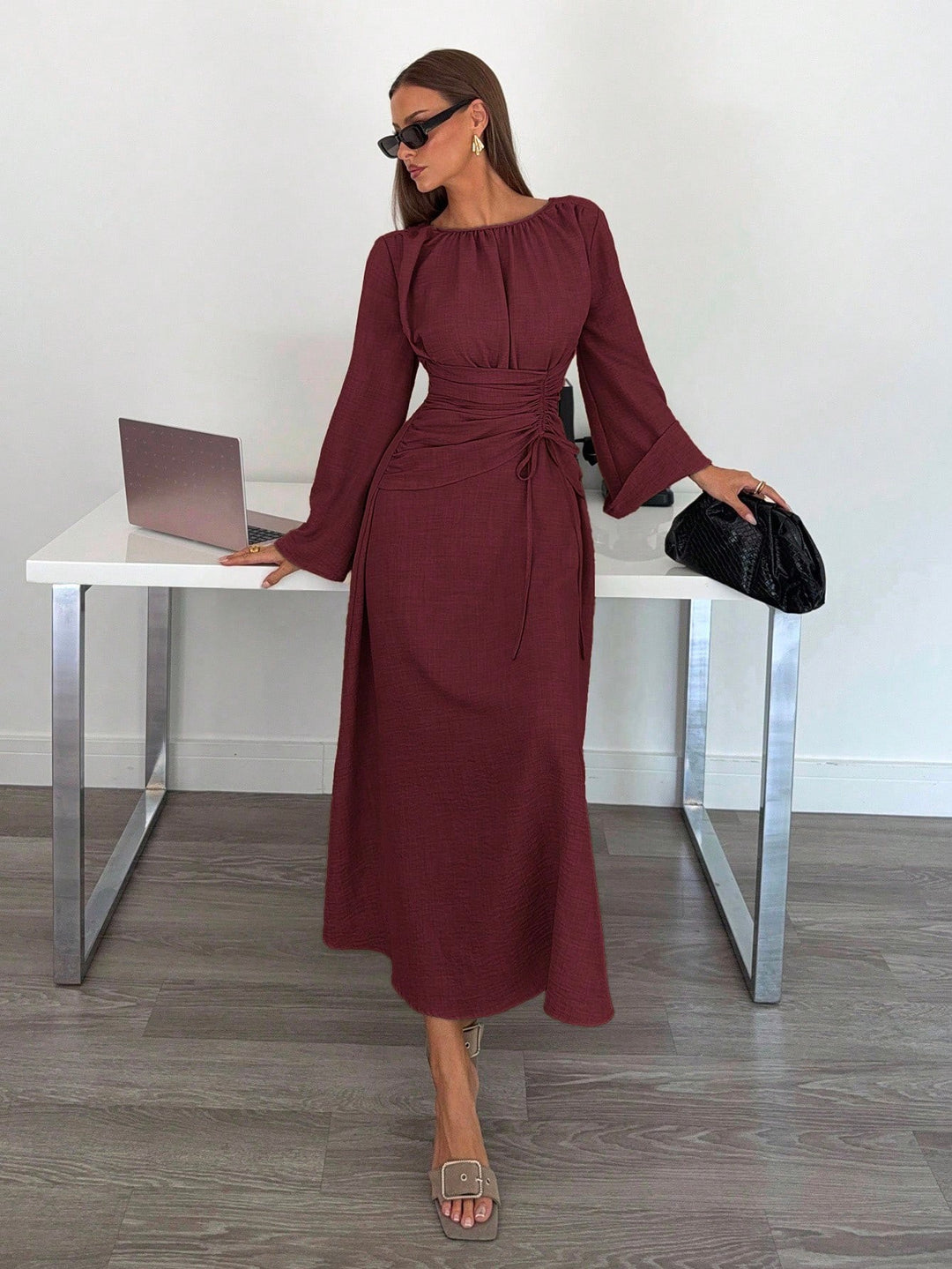 Ladies Max Dress with gathered waist lacing and bell sleeves Amarae