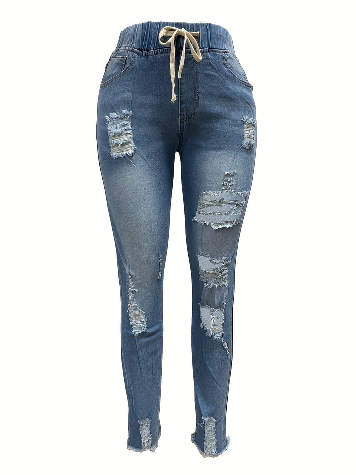 Women's Distressed High-Waist Jogger Jeans with Elastic Waistband, Drawstring and Frayed Ankle Hems Amarae