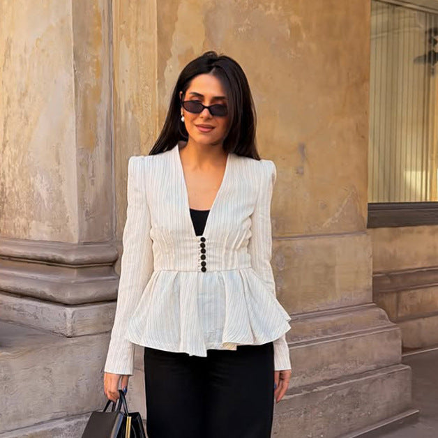 Ladies Tailored Peplum Blazer with Sculpted Shoulder and Decorative Button Placket Amarae