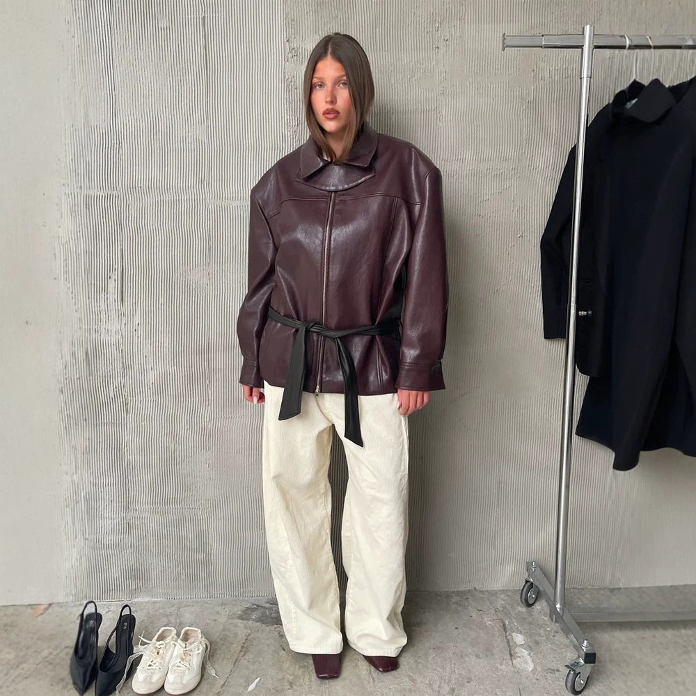 Women's Boxy Faux Leather Jacket with High Stand Collar, Front Zip and Waist Belt Amarae