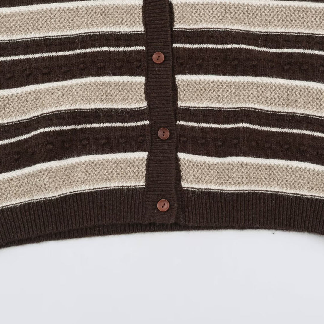 Women's fine knitted vest with V-neck, textured stripes and button placket Amarae