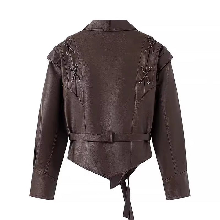 Faux leather jacket for women with an elegant tie belt and refined lace details Lune London