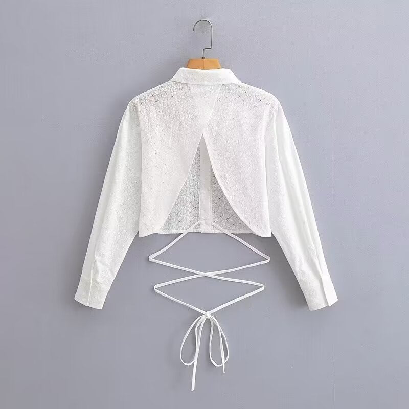 Women's Short-Cut Eyelet Embroidery Blouse with Shirt Collar and Long Ties Amarae