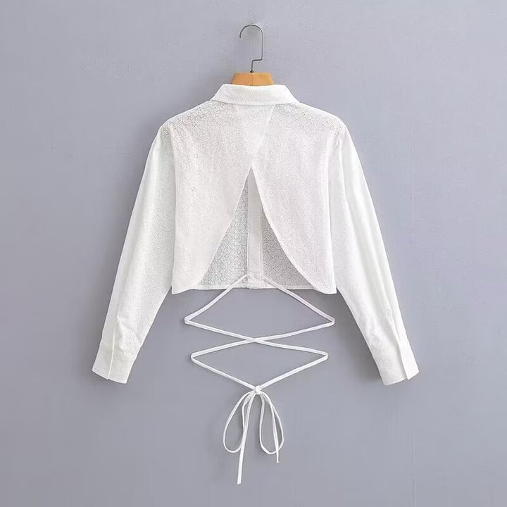 Women's Short-Cut Eyelet Embroidery Blouse with Shirt Collar and Long Ties Amarae