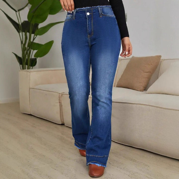 Women's High-Waisted Elastic Jeans with Bootcut and Frayed Hem Amarae