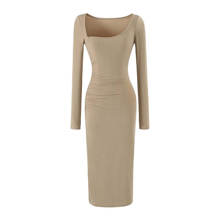 Women's Figure-hugging Midi Dress with Deep Round Neckline, Long Sleeves, and Side Gatherings
