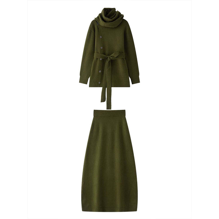 Women's Buttoned Knit Coat with Ties and Maxi Skirt Amarae