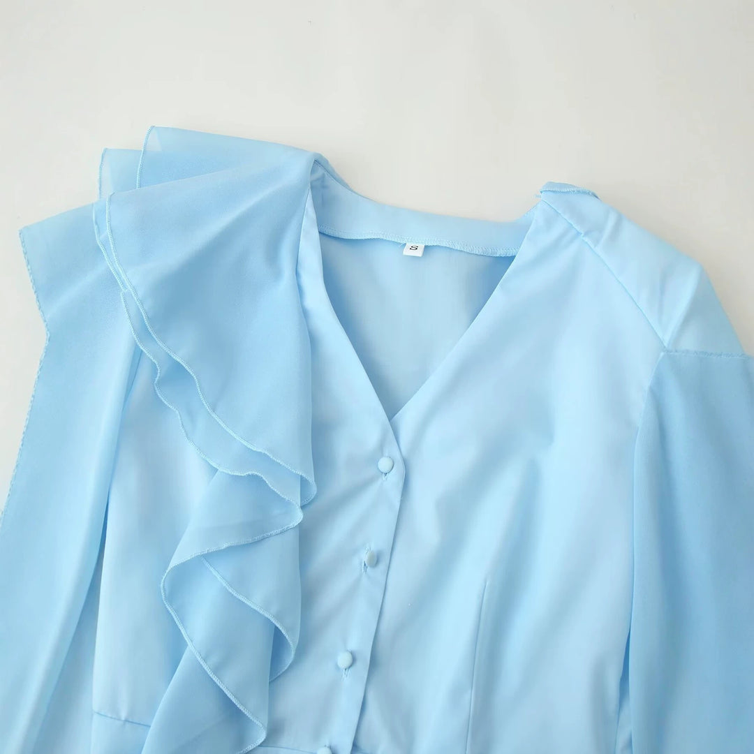 Ladies ruffle blouse with stand-up collar, ruffle details and waist belt Amarae