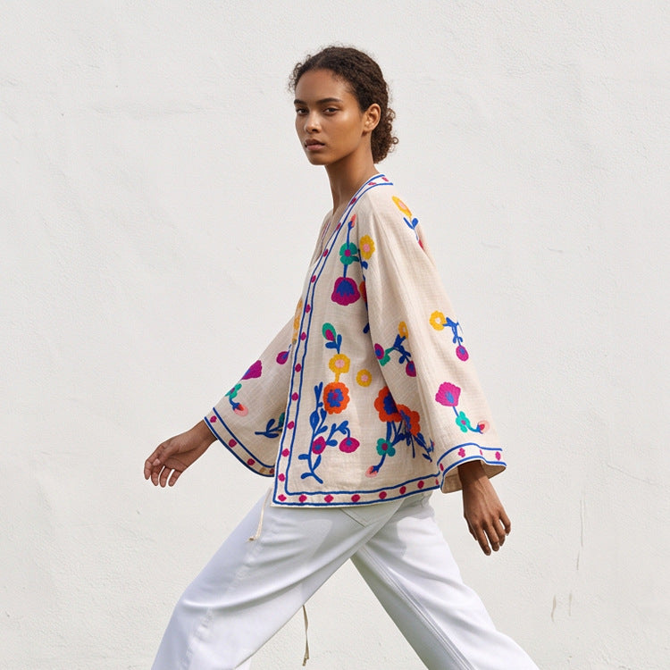 Women embroidered linen wrap jacket with folkloric flower appliqués Amarae