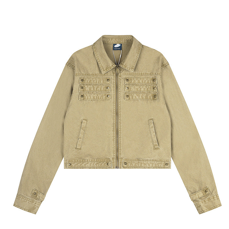 Women’s Short Cut Canvas Jacket with Shirt Collar and Pyramid Studs Amarae