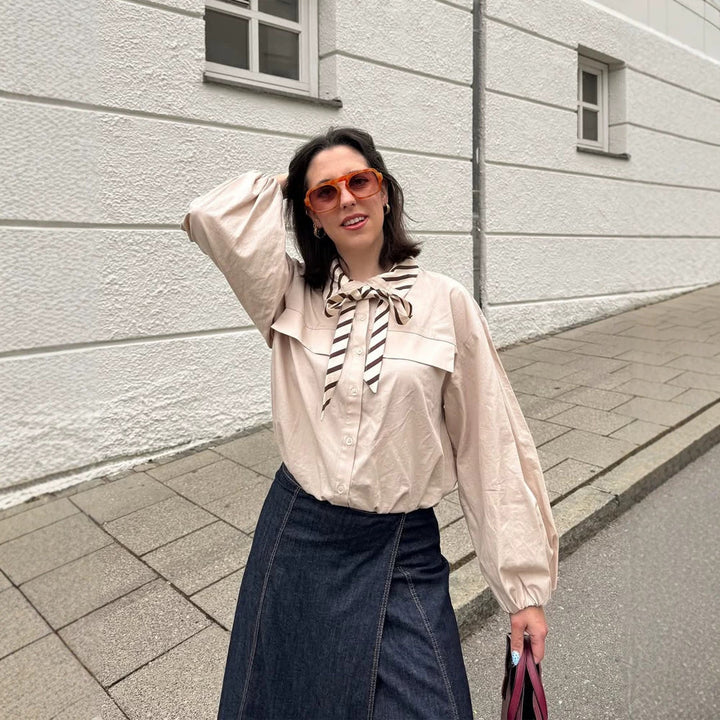Women's blouse with bow collar, dropped shoulder design and voluminous balloon sleeves Amarae