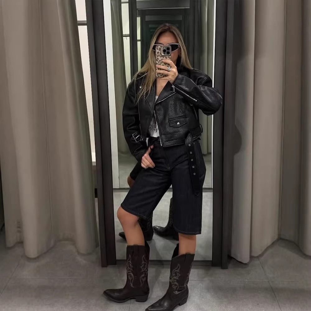 Women Short Structured Biker Jacket Made of Faux Leather Amarae