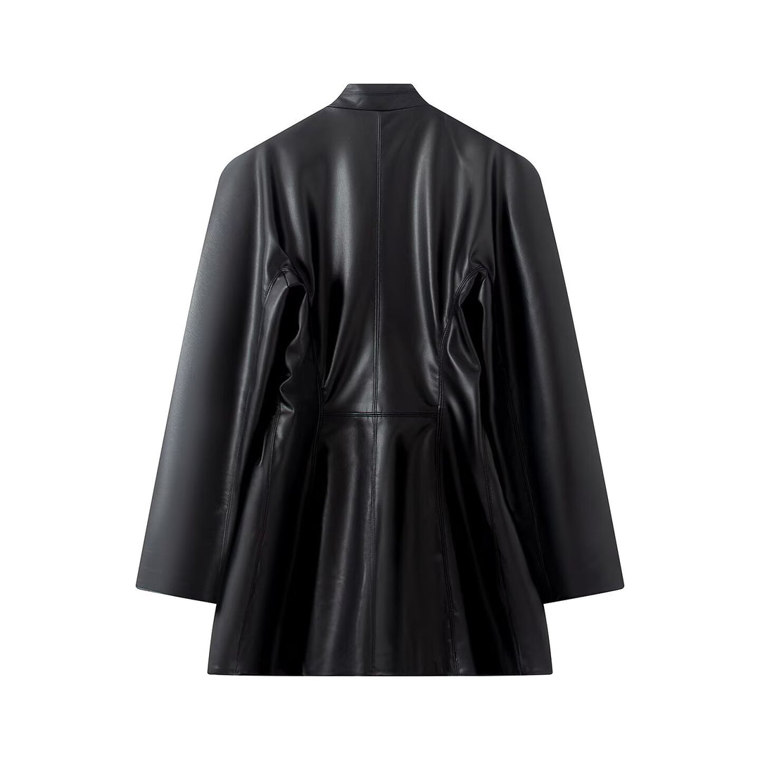 Women's Tailored Faux Leather Coat with Shawl Collar and Concealed Button Placket Amarae