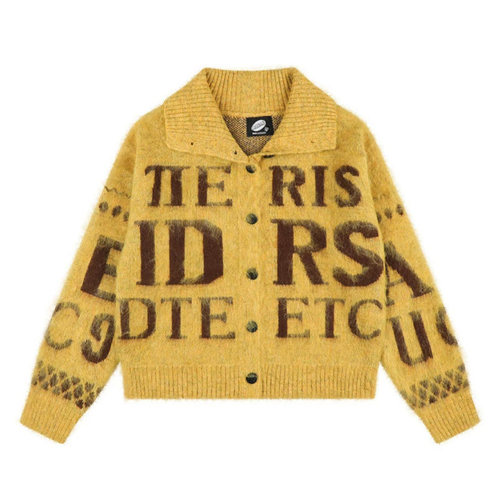 Women’s oversized mohair cardigan with button placket, large lapel collar, and typographic all-over print Amarae