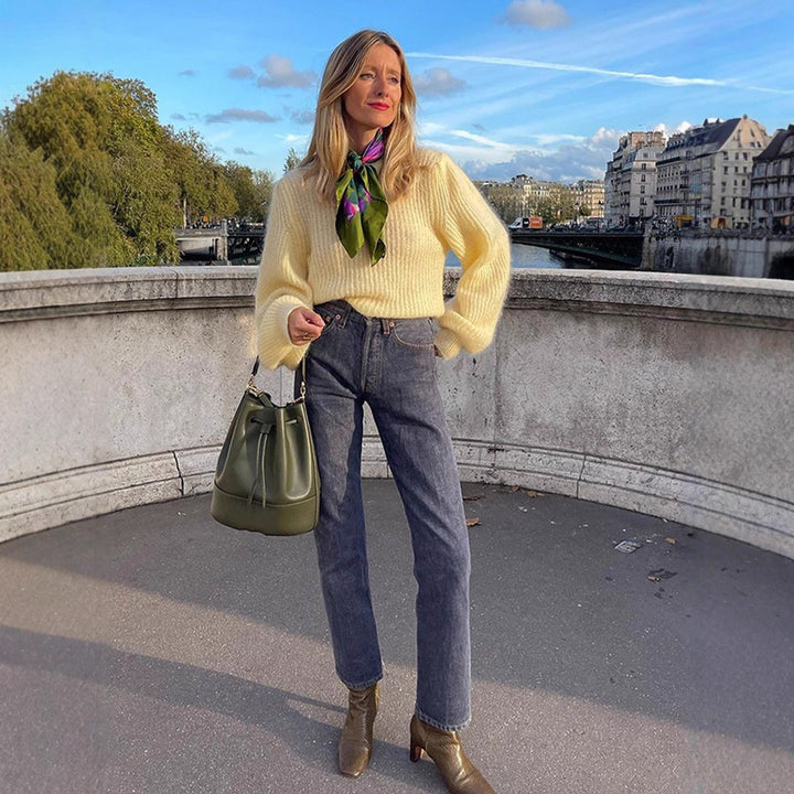 Women's Oversize Mohair Blend Sweater with Balloon Sleeves and Fine Rib Structure Amarae