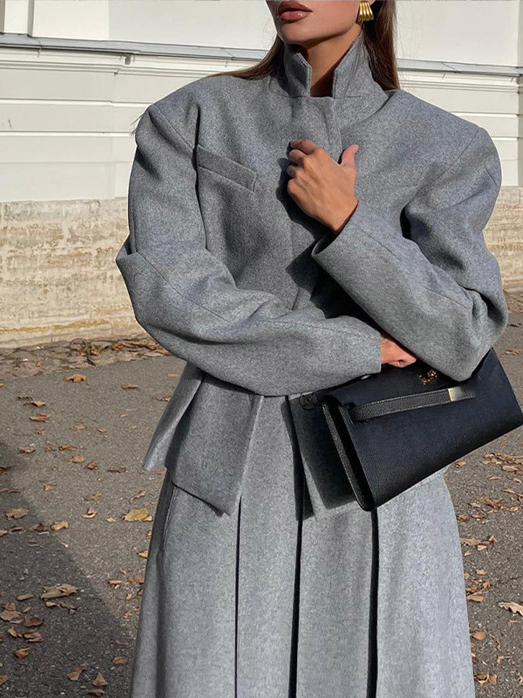 Ladies elegant oversized coat with high collar and structured sleeves Lune London