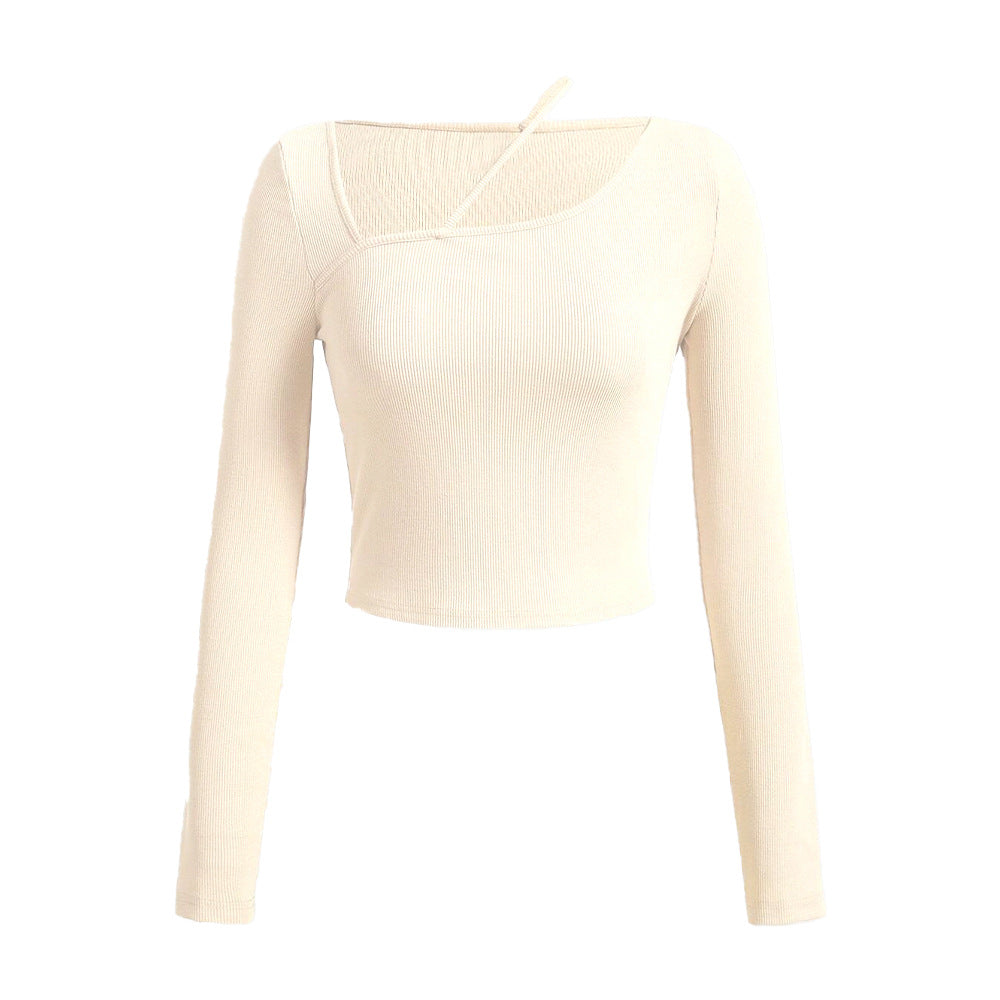 Chemisier court à manches longues pour femmes avec décolleté asymétrique et texture à fines côtes Chic & Stil