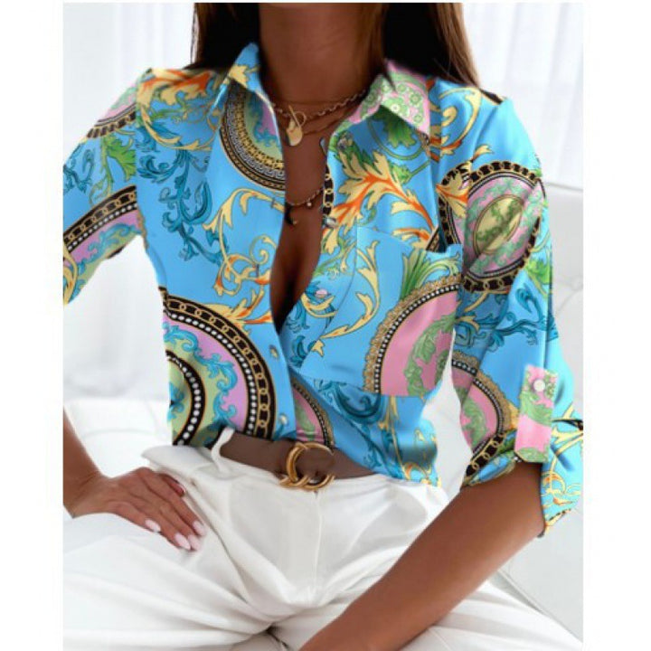 Women's satin blouse with graphic all-over print and tailored fit Amarae