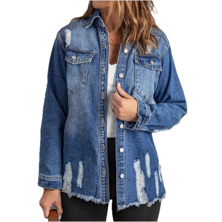 Women Casual Oversized Denim Jacket with Destroyed Details, Shirt Collar and Fringed Hem Amarae