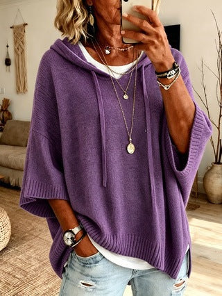 Ladies Oversized Knit Poncho with Hood, Batwing Sleeves and Side Slits Amarae
