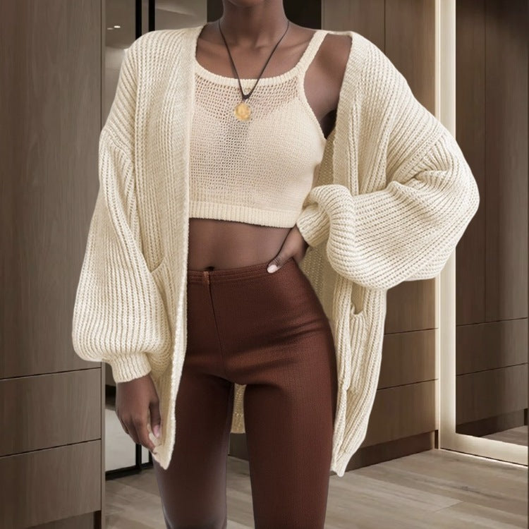 Women Open Knit Cardigan with Voluminous Sleeves and Practical Pockets Lune London