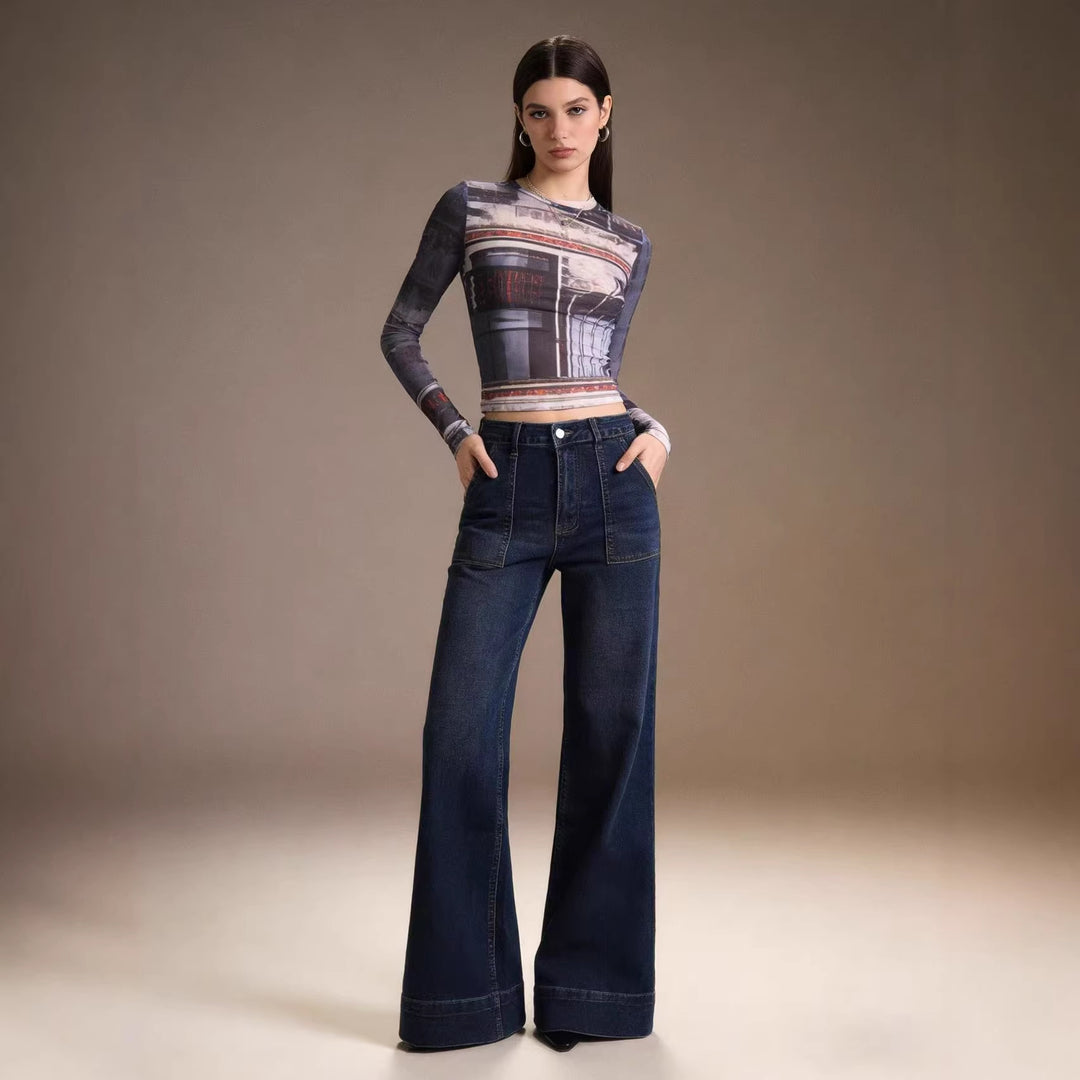 Ladies High-Waist Wide-Leg Trousers with Trendy Patch Lune London