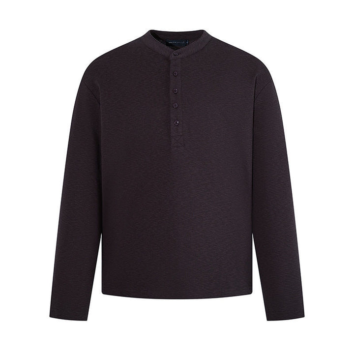 Men's Long Sleeve Henley Shirt with Stand Collar and Button Closure made of Textured Jersey Amarae