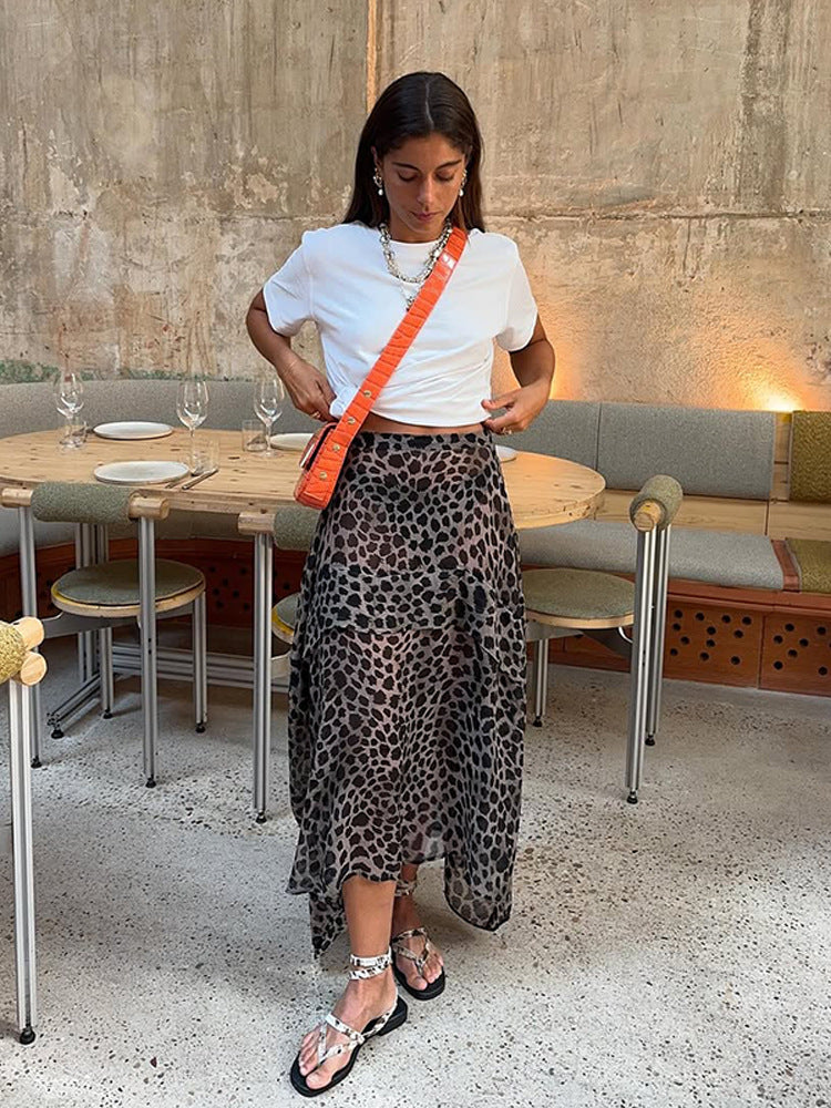Women's Light Chiffon Midi Skirt with Asymmetrical Hem & Leo Print Amarae